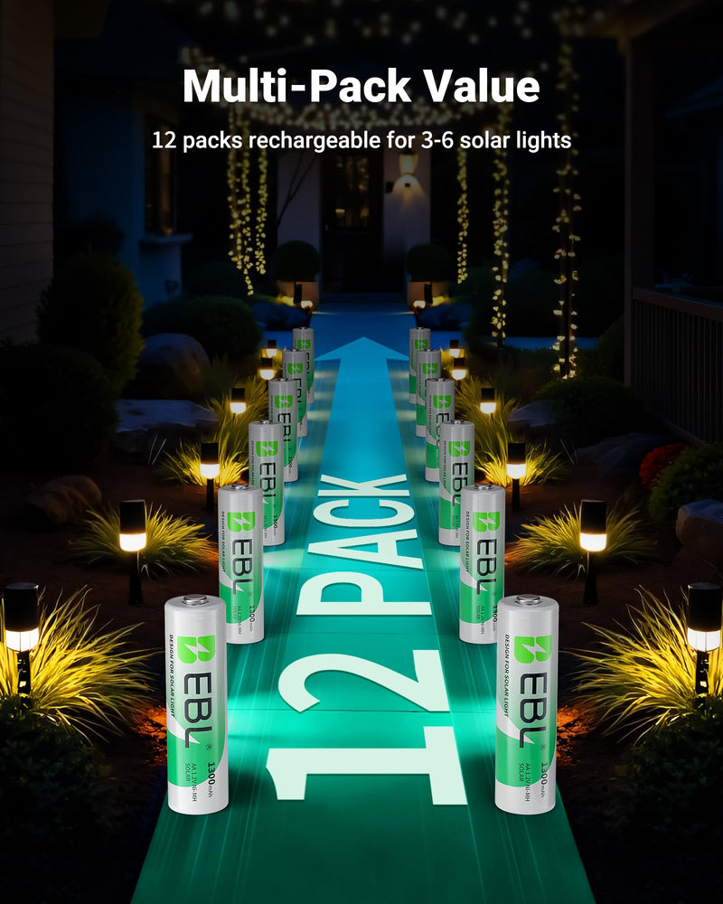 EBL Solar AA Battery Rechargeable Batteries for Outdoor Solar Lights, 1300mAh NIMH Pre-Charged 1.2V Recharge up to 1200x Times for Garden Landscaping String Lights, Pack of 12 12 AA Count