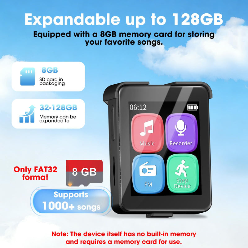 Bluetooth 5.3 Mini MP3 Player, 1.8" Touchscreen Portable Tiny Music Player with Speaker, FM Radio, Voice Recorder, Pedometer, Detachable Sports Clip with Earphones, 8GB Expandable up to 128GB, Black 8.0 GB