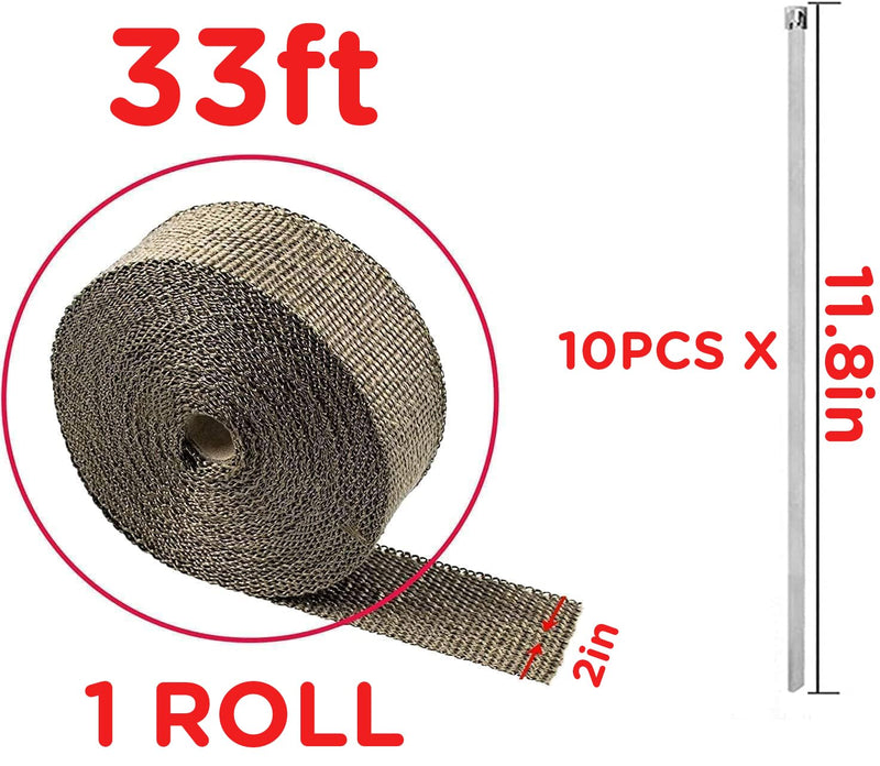Foneso Exhaust Heat Wrap, 2in x 33ft Titanium Exhaust Muffler Tape Fiberglass Heat Shield Header Wrap for Car Motorcycle Pipes with 10 Pcs Stainless Steel Ties
