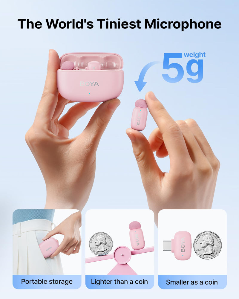 BOYA mini 2 Wireless Lavalier Microphone for iPhone15/16/17 & Android, Pink | AI Noise Cancellation, App Control, 30H Battery Life with Charging Case for Vlogging Interviews and Content Creation