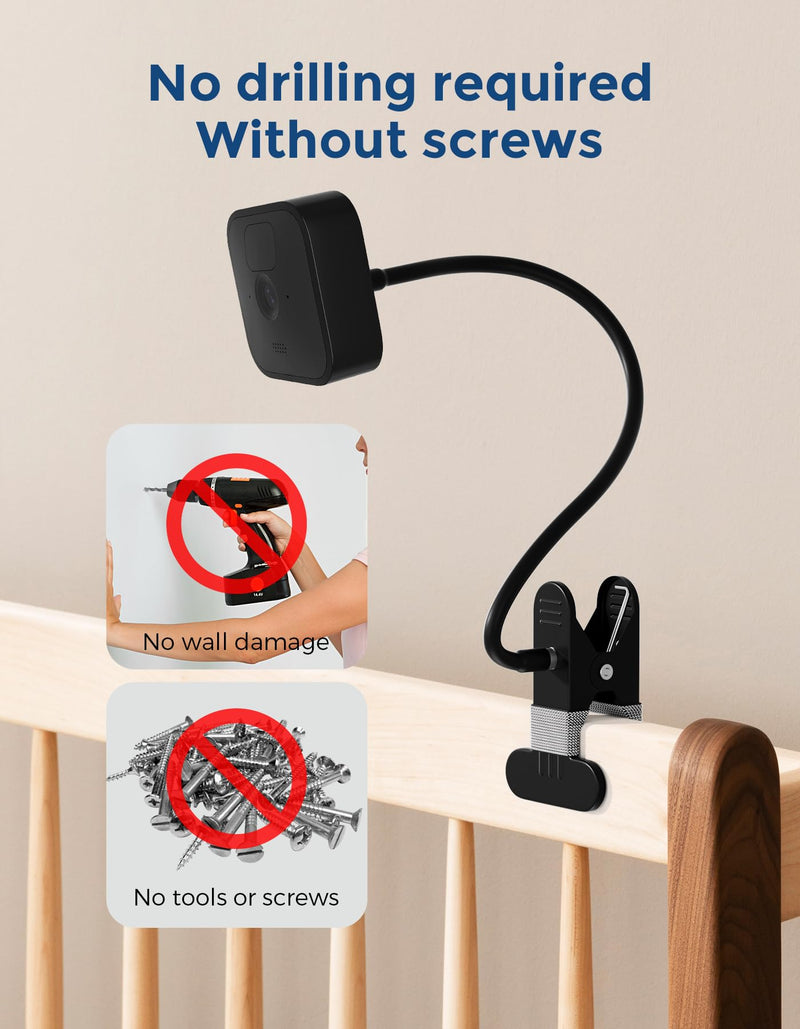 Universal No-Drill Camera Clip Mount for Ring, Blink, Eufy, Google Nest, Wyze & Arlo Cameras, 40cm Adjustable Gooseneck Clamp Stand for Indoor Outdoor Security Cameras (1 Pack, Black) Long Arm