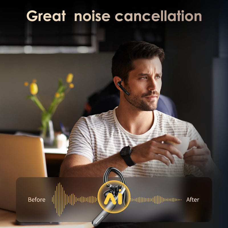 Single Ear Bluetooth Headset, Noise Cancelling, 360° Swivel, Long Battery, Voice Prompt