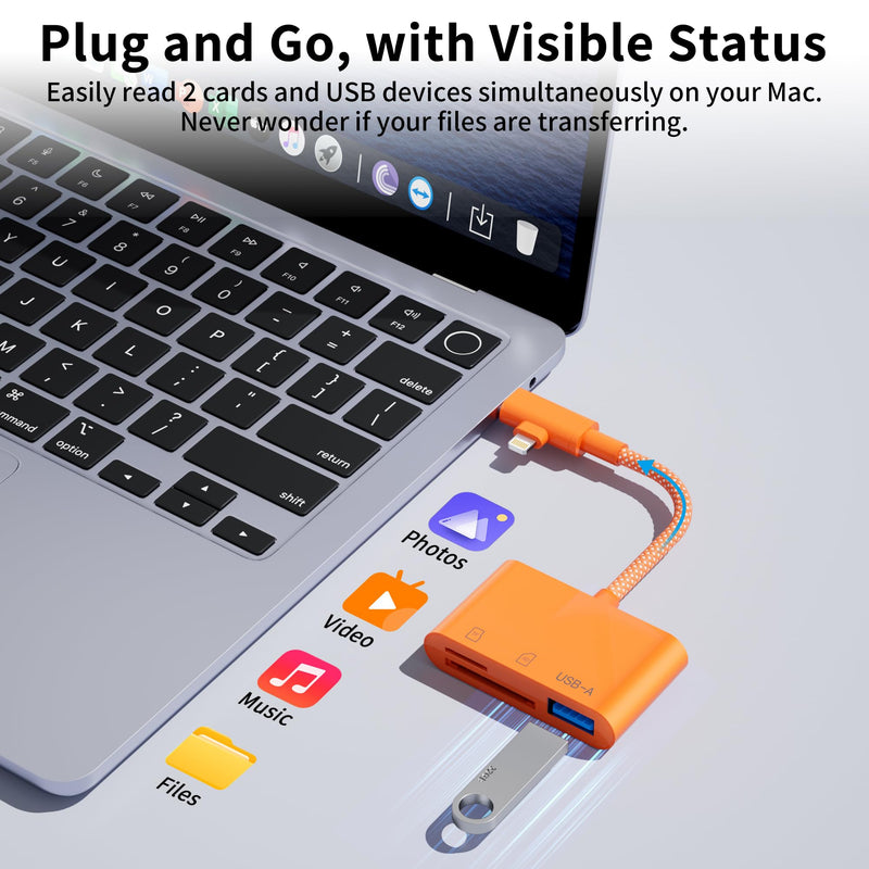 3 in 1 SD Card Reader for iPhone,Memory Card Reader with USB Camera Adapter,Lightning & USB C Dual Connectors,SD/TF Card Simultaneous Read,Plug and Play Trail Game Digital Camera Adapter,Orange
