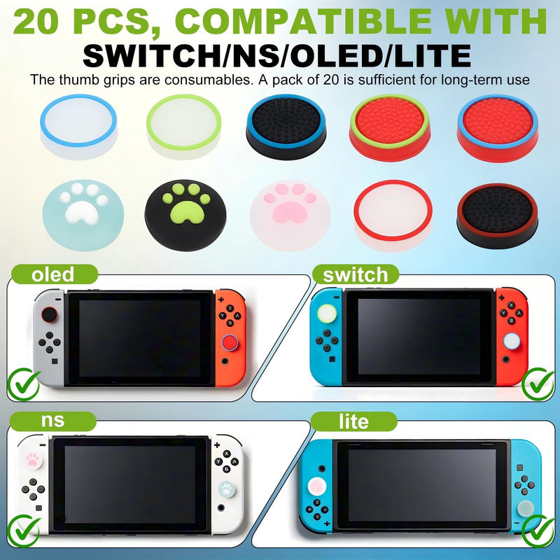 20PCS Switch Joystick Caps Bundle, Skin-Like Buttery Soft Ergonomic Odorless Silicone Thumb Grips, Anti-Slip Sweatproof Glow&Cat Paw Analog Stick Covers for Switch/OLED/Lite/NS