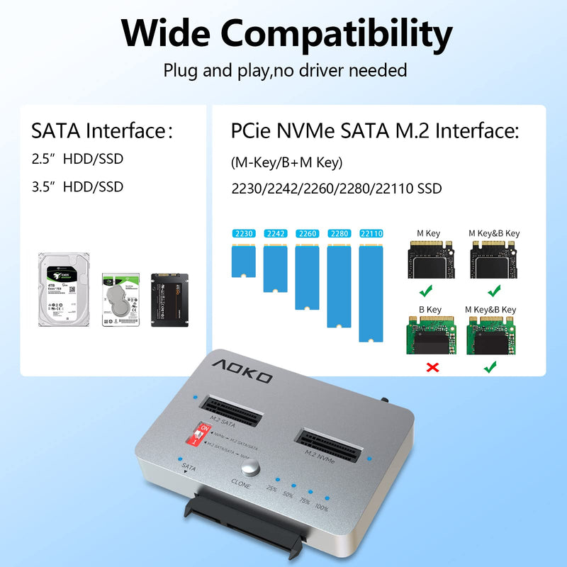 AOKO M.2 Duplicator NVMe to SATA SSD Cloner Docking Staion for NVMe + M.2 NGFF and 2.5" /3.5" SATA SSD/HDD Converter, Tool-Free and Two-Way Offline Cloning NVMe to SATA HDD Duplicator