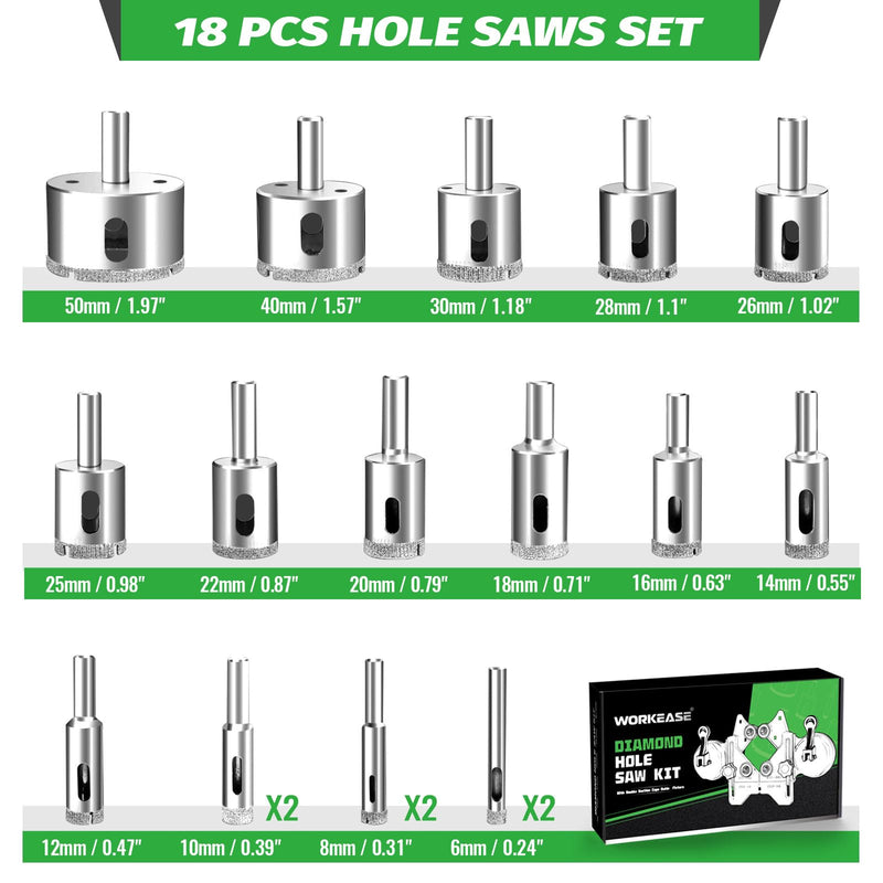 Diamond Hole Saw Kit, 18 PCS Tile Hole Saw Kit with Double Suction Cup Guide, 6-50 mm Dry/Wet Drill Bits Set for Ceramic, Glass, Porcelain, Marble, Granite 18PCS(0.24”-2”)