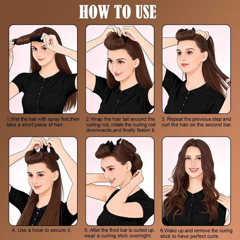 Heatless Curling Rods 3PCS, No Heat Hair Rollers with Satin Bonnet, Overnight Flexi Bars for All Hair Types(Brown) Brown