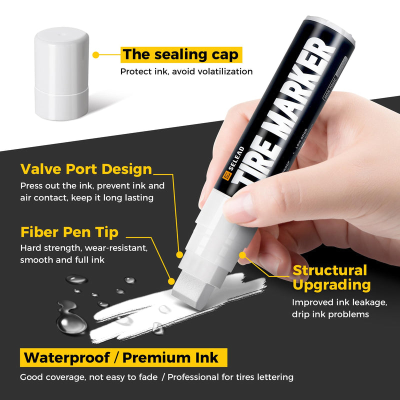 SELEAD Jumbo Tire Marker White - 4 Pack 15mm Wide Tip Paint Pens for Car Tires Lettering, Large Capacity Premium Ink Waterproof Permanent Markers 4white