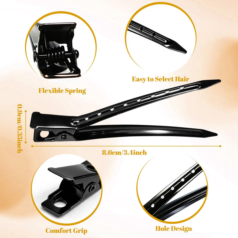 30 Pcs Metal Duck Bill Hair Clips for Styling Sectioning, 3.4 inch Black Alligator Curl Clips with 2 Pcs Rat Tail Combs for Hair Roller, Salon, Bows DIY