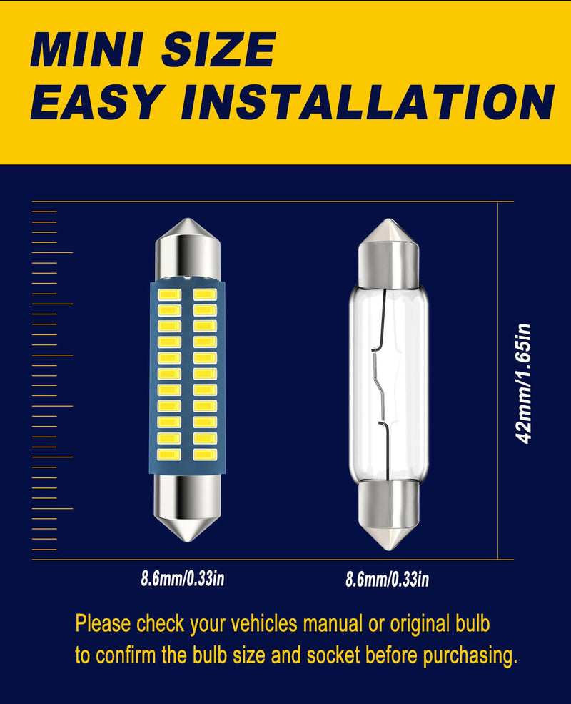 Serundo Auto 578 Led Car Bulb 211-2 Led Car Bulb 41mm 42mm 1.65in 212-2 Led Car Bulb for Car Map Light Dome Light, 22SMD 3014 Chips 6000k White Super Bright Interior Led Car Bulb,Pack of 6pcs 42mm 578 6pcs