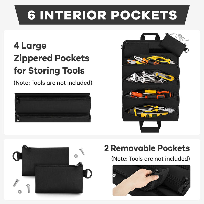 ANILD 13 Inch Roll Up Tool Bag Organizer, Heavy Duty Portable Tool Roll Organizer Bag with 2 Detachable Pouches, Father’s Day Gift, Gifts for Men, Electrician, Mechanic & Hobbyist (Black, Regular) Black