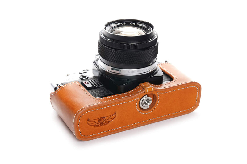 OM30 Case, BolinUS Handmade Genuine Real Leather Half Camera Case Bag Cover for Olympus OM10/30(with Handle) OM20(No Handle) Camera with Hand Strap (Yellow) Yellow