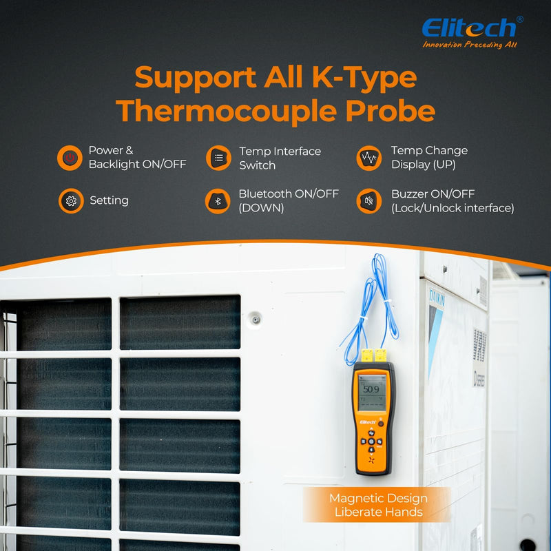 Elitech Bluetooth Thermocouple Thermometer Digital Temperature Data Logger K-Type, APP Real time Data, 5000 Points Capactiy(Optional),OTA Remote Firmware Upgrade, ADJ Compensation, 2 Channels HVAC Lab