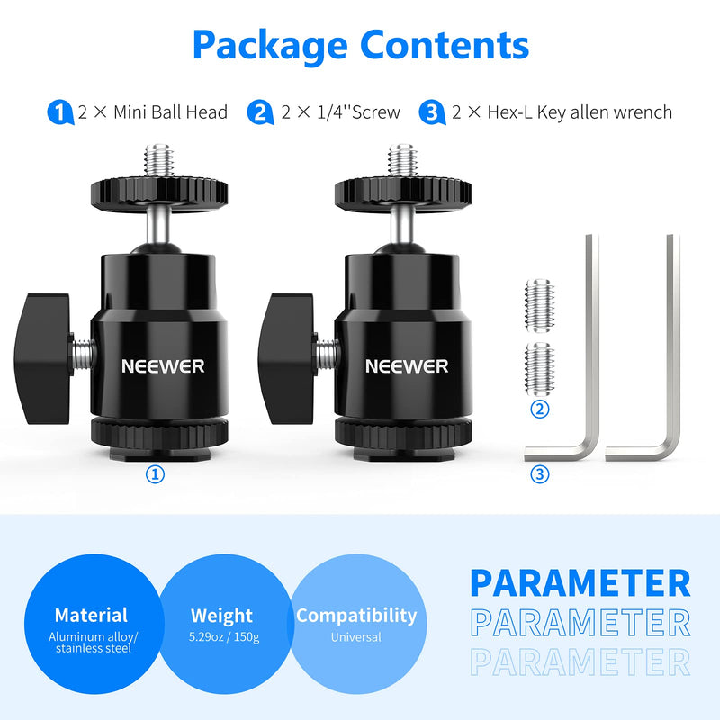 NEEWER Mini Ball Head with Cold Shoe & 1/4” Screw, 2 Pack, 360° Swivel 90° Tilt Ballhead Camera Mount Hot Shoe Adapter for Camera, Camcorder, Smartphone, LED Video Light, Microphone, Ring Light, ST17