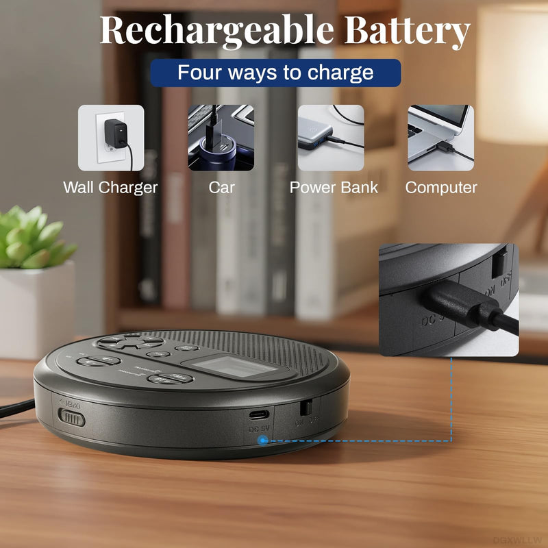 Portable CD Player with FM Transmitter, Bluetooth, Timer, USB, AUX | Rechargeable Music Player with Anti-Skip, Stereo Speakers, LCD Display, Includes Headphones for Use at Home or in Car, Grey