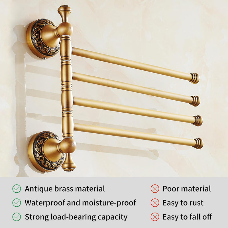 Swivel Towel Rack for Bathroom, Antique Bronze Folding 4 Arms Hand Towel Bars Towel Hanger for Laundry, Wall Mount Storage Space Saving,Pattern Carving Design