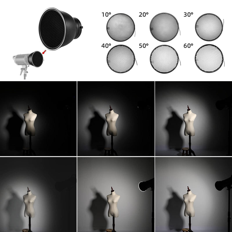 Soonpho Standard Reflector Beauty Dish Diffuser Lamp Shade 7"/ 18cm Photography with 10°/20°/30°/40°/50°/60° Degree Honeycomb Grid,6 Colors Soft Cloth for Studio Strobe Flash Light Speedlite