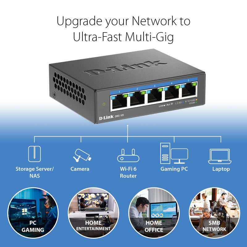 D-Link 5-Port 2.5GB Unmanaged Gaming Switch with 5 x 2.5G - Multi-Gig, Network, Fanless, Plug & Play (DMS-105),Black 5 x 2.5G Port Multi-Gig Switch