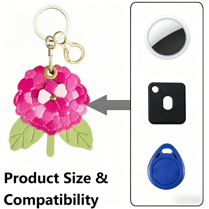 Leather Keychain Case Compatible with AirTag, Shockproof Anti‑Lost Tracker Protective Cover with Key Ring for Daily Use (Red Hydrangea) Red hydrangea
