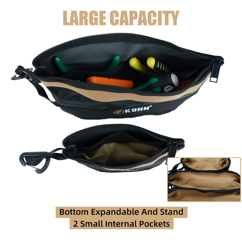 KUNN Tool Bag Zipper Pouch 3 Pack - Heavy Duty Utility Tool Storage Organizer with Carabiner for DIY,Electrician,Accessories and Travel Khaki