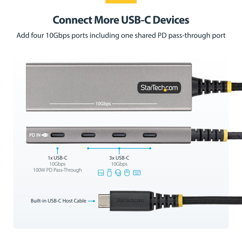StarTech 4-Port USB-C Hub 10Gbps with 100W PD Charging (309B-USBC-HUB) | 3 dedicated 10Gbps USB-C data ports plus 1 shared data or PD port, Overcurrent protection, Driverless