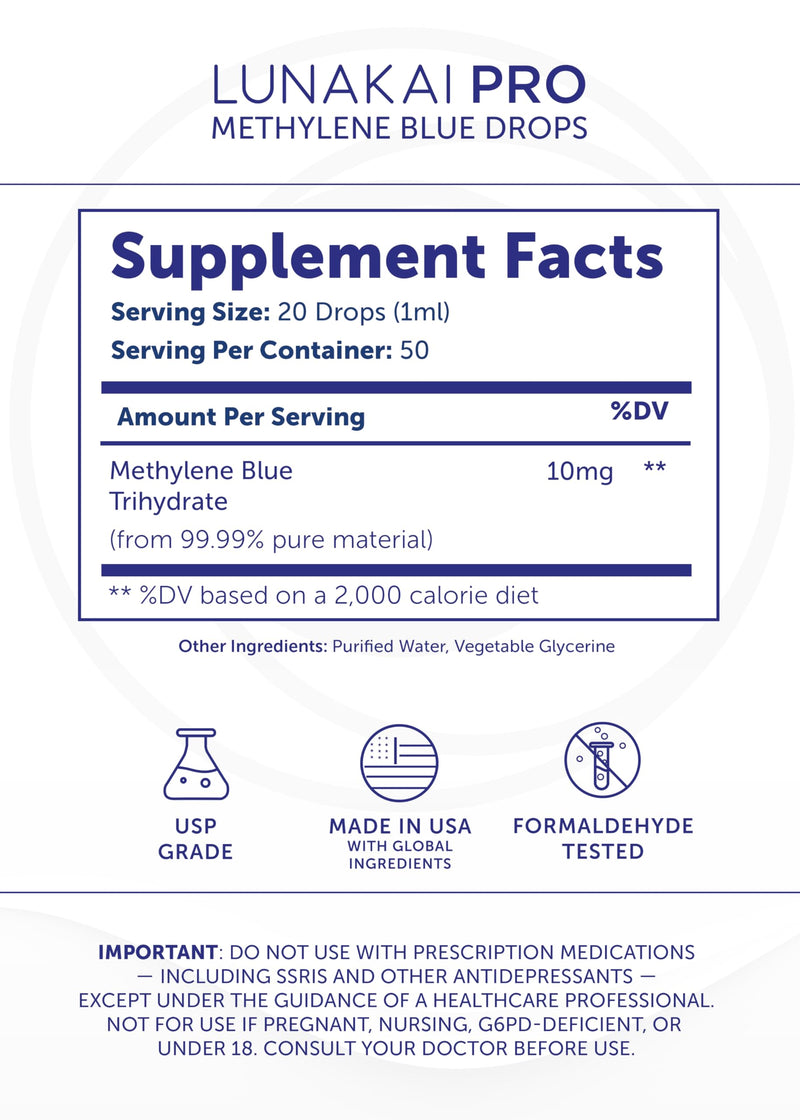 Lunakai USA Made Methylene Blue Pharmaceutical Grade – 99.99% Pure USP Grade 1% Methylene Blue Drops 1.69 Fl Oz (Pack of 1)