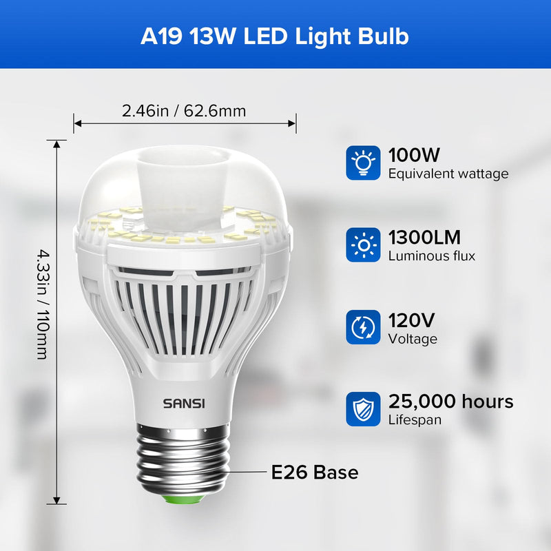 SANSI Dusk to Dawn LED Outdoor Light Bulb A19, 100 Watt Equivalent Energy Efficient 13W 5000K Daylight 1300LM Outdoor Light Bulbs, E26 Standard Base Light Bulbs for Porch Patio Yard Garden, 2-Pack
