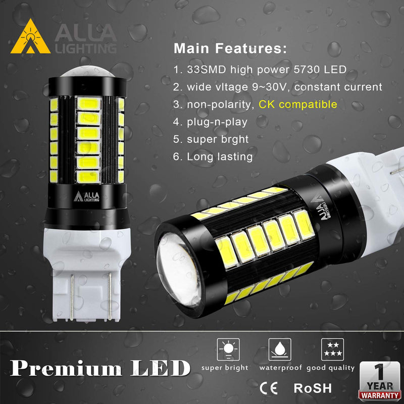 Alla Lighting 2800lm T20 7440 7443 LED Bulbs, White Reverse/Signal/Brake Tail/DRL Lights 7444 7443LL 7441 W21W 6000K Xenon Xtreme Super Bright 12V 5730 33-SMD Upgrade 6000K Xenon White