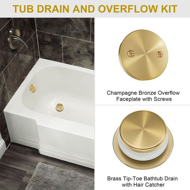 Champagne Bronze Bathtub Drain Stopper and Overflow Kit, Solid Brass Tip-Toe Bath Tub Drain with Hair Catcher - Universal Coarse/Fine Thread, Bathroom Bathtub Plug Replacement, 11.5/16 UNC Champagne Bronze