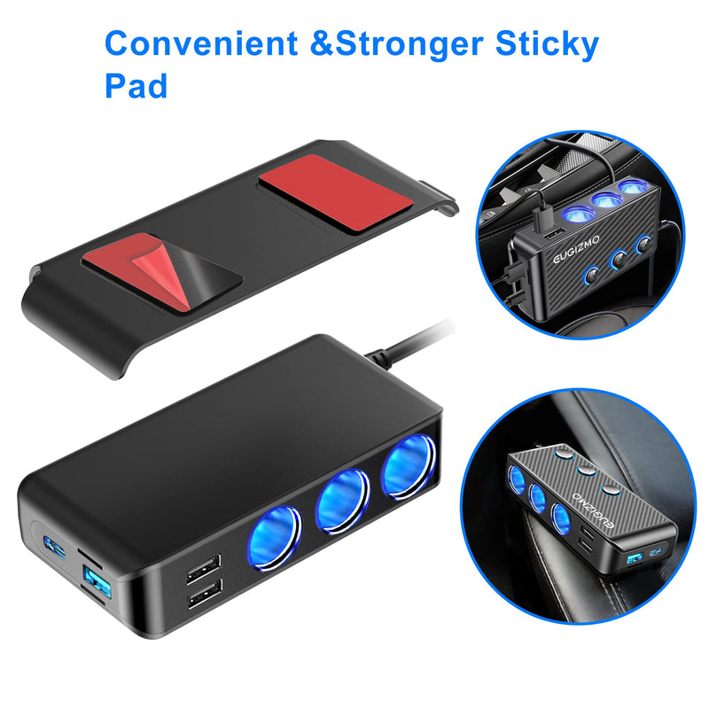 Cigarette Lighter Splitter Adapter, 222W 3 Socket Car Cigarette Lighter Plug Splitter USB Charger Multi Port 12V Car Plug Outlet Splitter with LED Voltage Display Independent Switches
