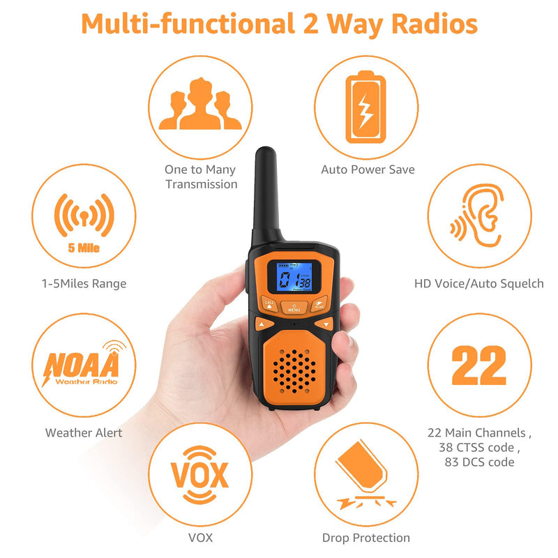 Adult Walkie Talkies 2 Pack, WokTok Rechargeable Long Range Walkie Talkies 2 Way Walkie Talkies, 22 Channels VOX Scanning LCD Display Ideal for Gift Giving, Family Camping and Hiking 2 Packs Orange 2 Pack