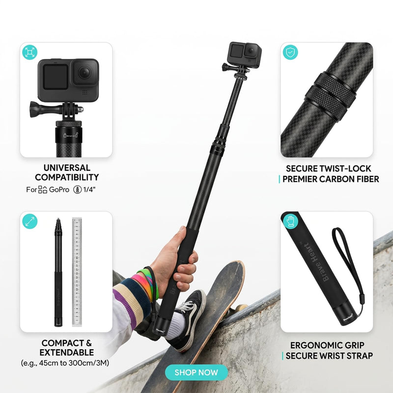 3m Invisible Selfie Stick for Insta360 X5 X4 X3 Filmmakers, 10ft Carbon Fiber Extended Pole for Panoramic Camera Vlogging (Black)