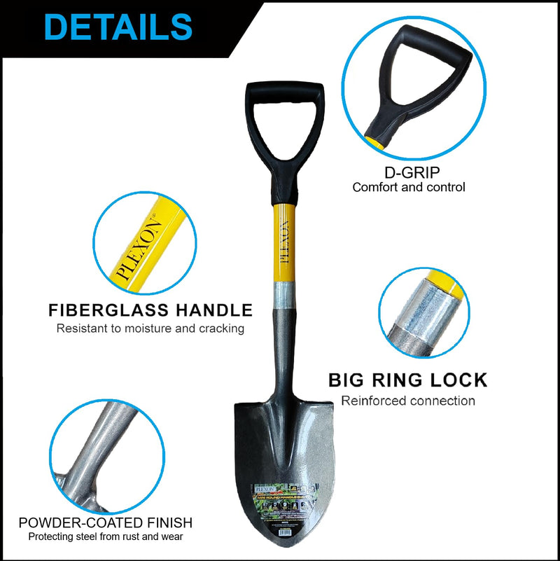 Plexon Mini Transfer Shovel 27" – Fiberglass Handle, 50Mn Steel Blade, D-Grip – Compact Spade for Car Emergency, Camping, Garden & Sand Round