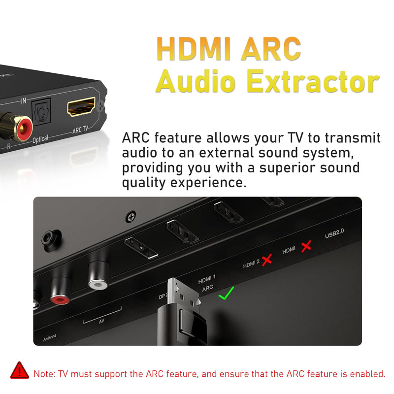 Tendak 192KHz ARC Audio Extractor, Digital Audio Extractor Converter, HDMI ARC + Optical + RCA L/R to HDMI + Optical + RCA L/R + 3.5mm Stereo for HDTV Soundbar Amplifier Speaker Headphones