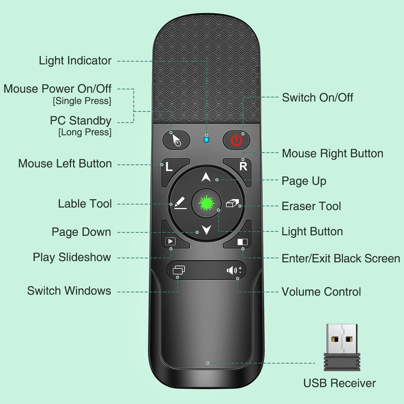 Presentation Clicker Green Laser Pointer with Air Mouse Function, Wireless Presenter Clicker RF 2.4GHz USB Presenter Control PowerPoint Presentation Clicker for Mac, Laptop, Computer Green Light / with Air Mouse