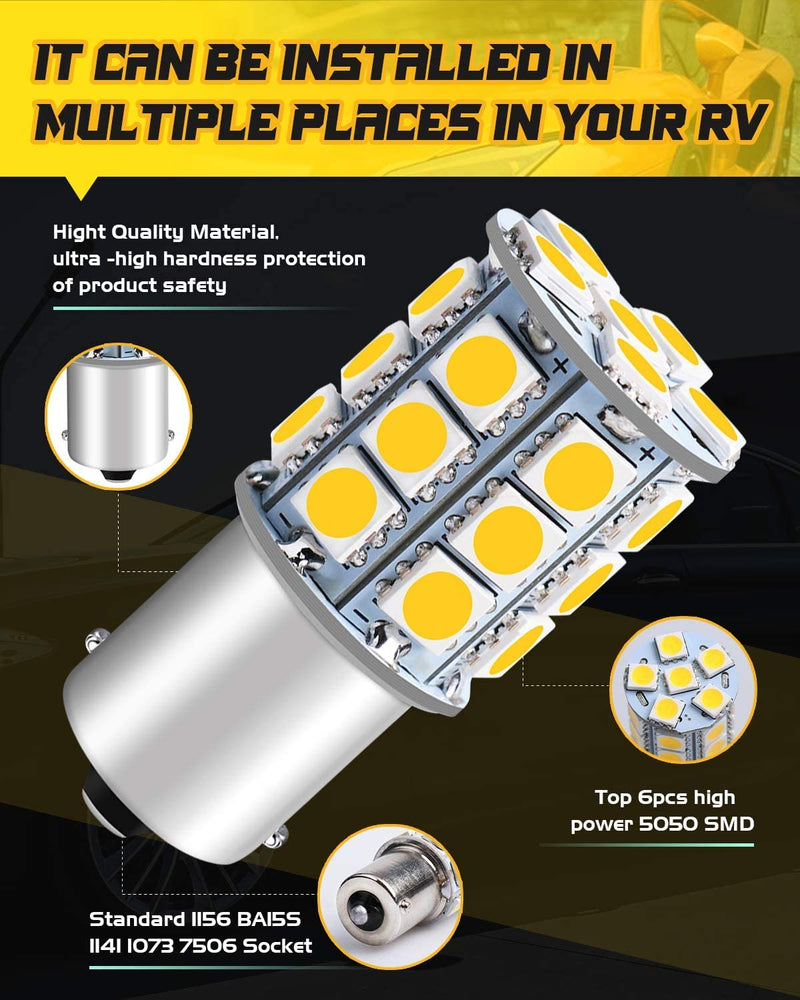 Qoope 1156 1141 LED Bulb Warm White Super Bright 1003 BA15S 7506 1073 LED Light Bulbs 5050 27-SMD Replacement for 12V RV Camper Trailer Boat Interior Lights, Pack of 10 27SMD Warm White