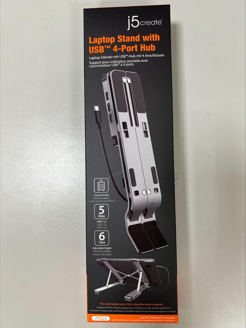 j5create Portable Aluminum Laptop Stand with USB 4-Port Hub, Foldable and Adjustable Notebook Riser with 4 USB-A Ports for MacBook, Laptop, and Tablet up to 16" (JTS223)