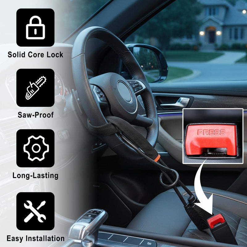 Car Steering Wheel Lock Anti-Theft Device, Seat Belt Lock with 3 Keys, Universal Car Security Anti Theft for Most Vehicles, Trucks, SUVs, Vans & Golf Carts (Black)