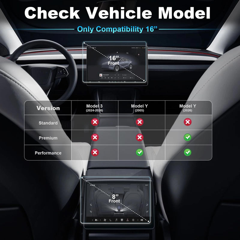 9H Crystal Tempered Glass Screen Protector for Tesla Model Y Juniper 2025-2026 Performance & Premium, Front 16"&Rear 8" Matte Anti-Glare & Anti-Fingerprint, 0.33mm Ultra-Thin, Bubble-Free Installation Kit