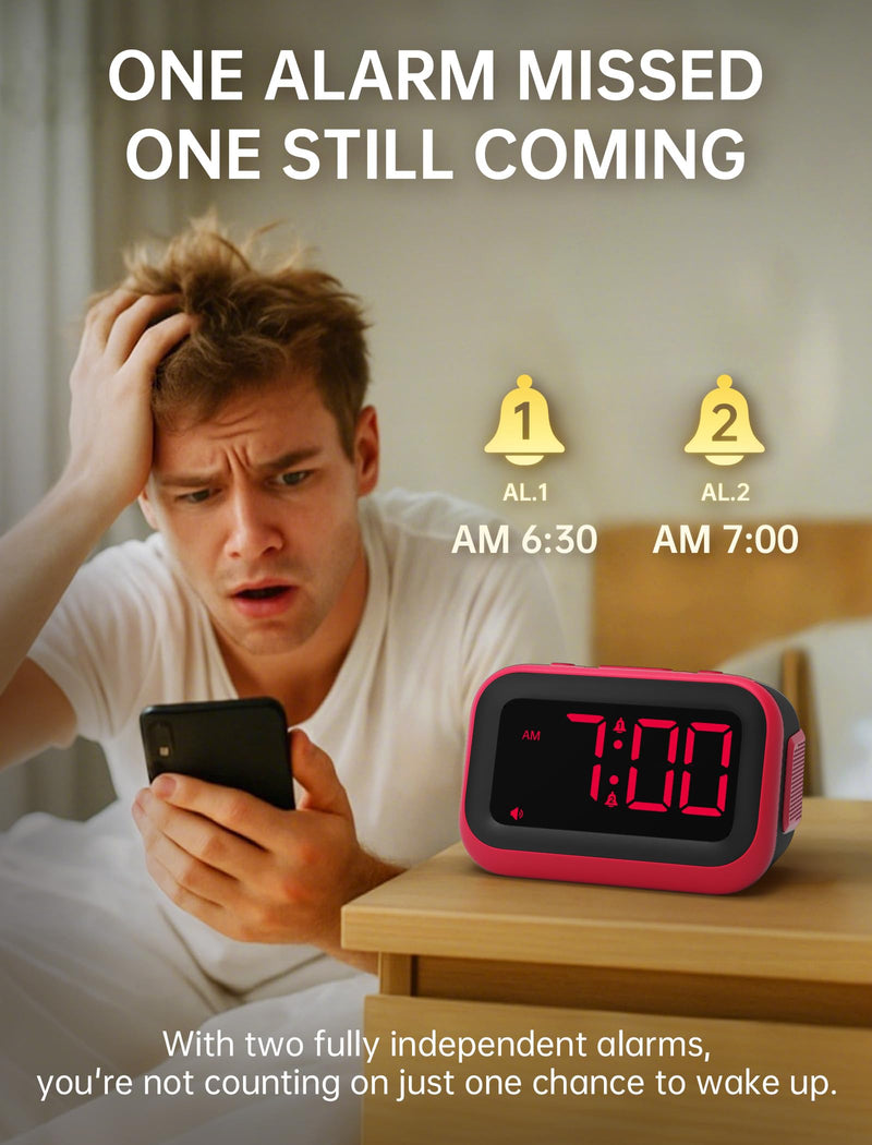 Loud Alarm Clock for Heavy Sleepers: 115dB Dual Alarms with 6 Unique Sounds for Bedroom Dorm Room Use - On-Time Wake Up for Teen College Students - Red Red - Red Digits
