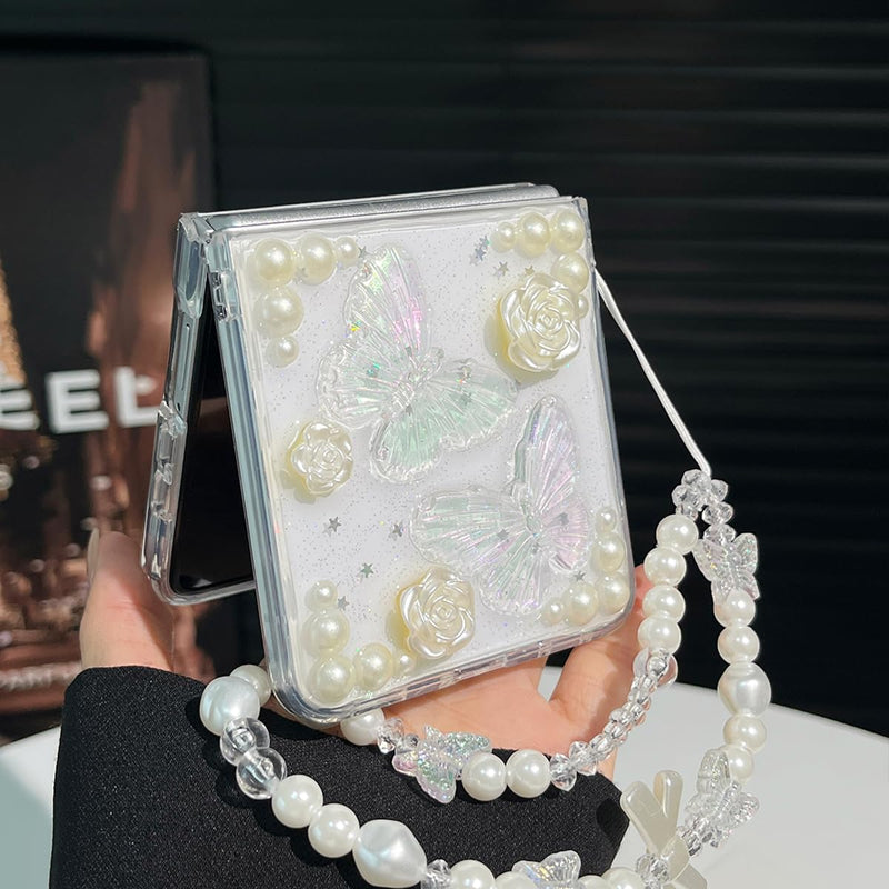 AuroiCYY For Samsung Galaxy Z Flip 8 Case with Chain, Cute 3D Pearl Bling Crystal Clear Sparkle Butterfly Floral Case for Women Girls Shockproof Soft Phone Cover with Wrist Strap for Z Flip8 5G, Clear