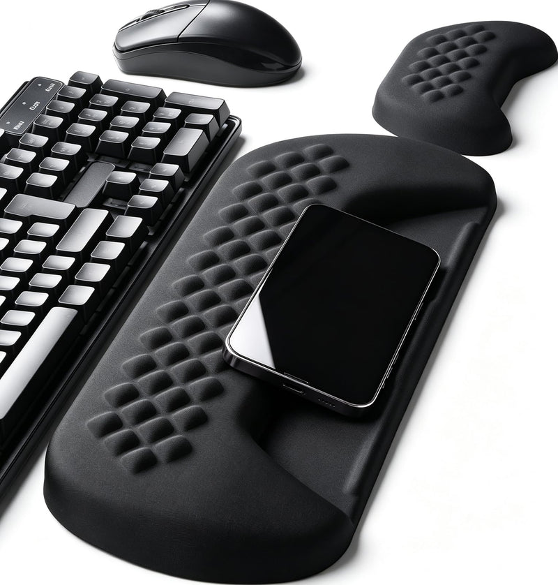 JIKIOU Wrist Rest for Keyboard and Mouse, Soft Memory Foam Wrist Rest Black | Massage Design, Non-Slip PU Base, Built-In Phone Holder & Storage Slot, Ergonomic Slope Design for Easy Typing, Pain Relief