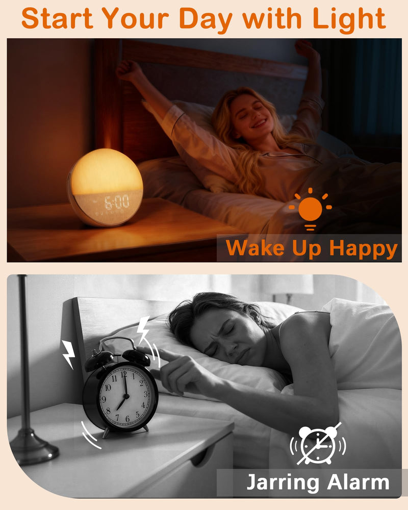 Sunrise Alarm Clock with Sound Machine: Gentle Gradual Wake Up Light for Heavy Sleepers Relieve Anxiety Dimmable Clock with Bluetooth Memory for Bedroom - White Noise Machine with 30 Sleep Sounds 6.5*4.6*6.2 Inch
