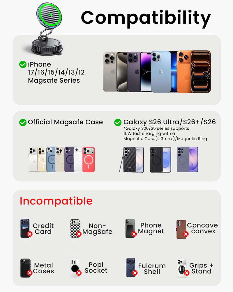 15W MagSafe Car Mount Charger, Vacuum Magnetic Phone Holders for Your Car | [89+LBS Strong Suction, 2800gf Strong Magnetic] Wireless Car Charger, Car Phone Holder for iPhone 17-12, Samsung, Gifts Carbon Fiber