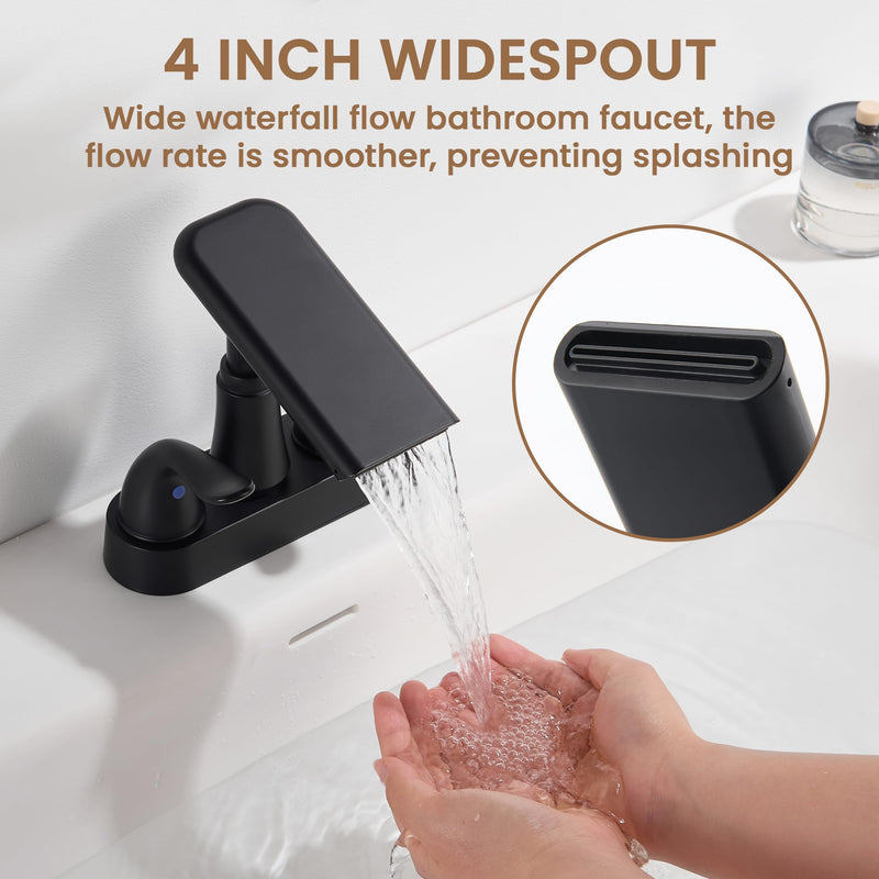 Matte Black Bathroom Faucet 4 Inch Centerset, Waterfall Plastic Bathroom Sink Faucet with Pop Up Drain, Dual Handle, 360° Swivel Spout, Fits 2 or 3 Hole Lavatory Sink, Modern Design, Non-Metallic 1 Pack Matte Black