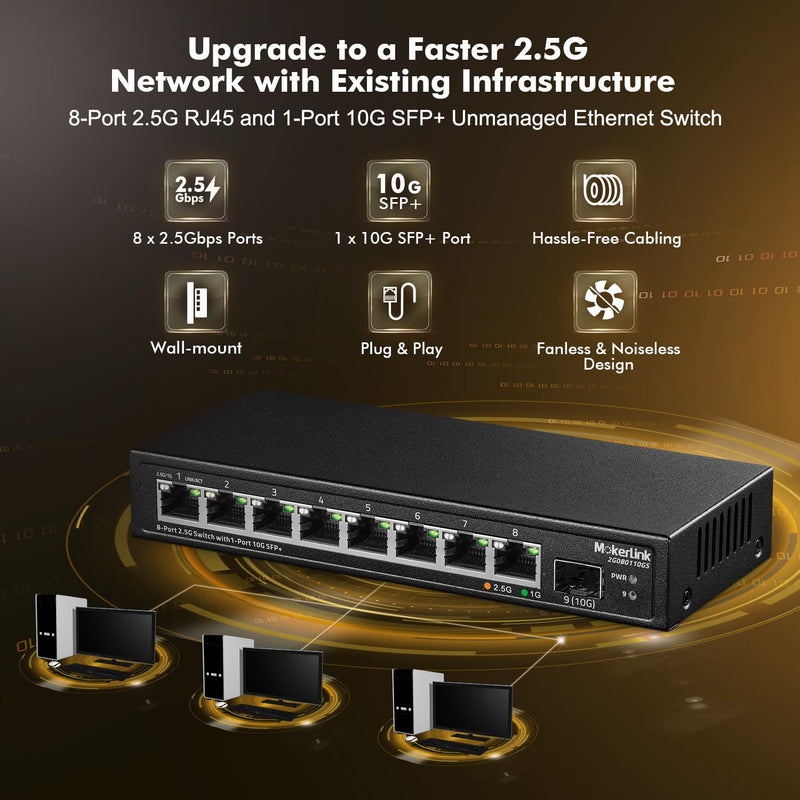 MokerLink 8 Port 2.5Gigabit Ethernet Switch with 10G SFP Slot, 8 x 2.5G Base-T Ports Compatible with 10/100/1000Mbps, Metal Unmanaged Fanless Small Network Switch 8x2.5G + 10G SFP+