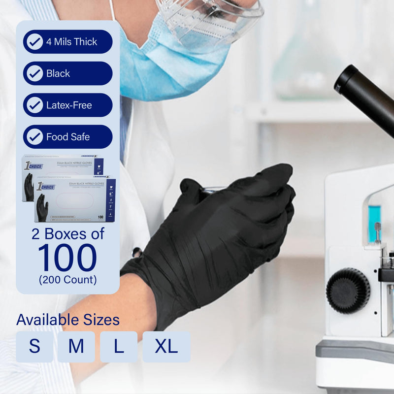 1st Choice Black Nitrile Exam Gloves 4 Mil, Latex Free Disposable Nitrile Medical, Food Safe for Cooking, Cleaning, Salon Use Large 2 Boxes of 100