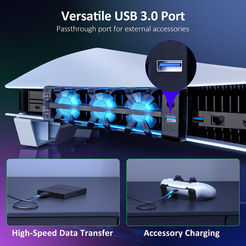 NexiGo PS5 Horizontal Stand with Charging Station for PS5 and Edge Controllers, Silent Cooling Fan with Adjustable Speed, [Auto Power On/Off], Compatible with PS5 Disc&Digital, Not for PS5 Slim White Stand with Cooling Fans and Charging