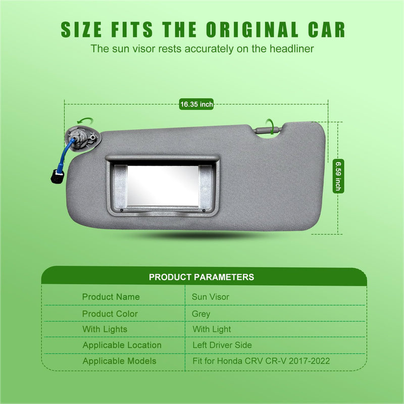 Left Driver Side Sun Visor for Honda CRV 2017 2018 2019 2020 2021 2022 Replace 83280-TLY-H11ZB with Vanity Light/with Makeup Mirror (Grey) Grey(Left Driver Side)