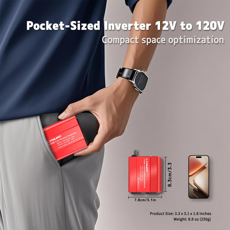 150W Power Inverter, LVYUAN Inverter 12V DC to 110V AC Car Plug in Adapter Outlet Dual 6.2A Charging USB Vehicle Converter for Phone, Laptops, Road Trip Charger 150W